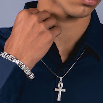 Natural White Diamond Sterling Silver Men's Link Bracelet 0.51CTW