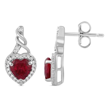 Jewelili Sterling Silver 6 MM Heart Created Ruby and Created White
Sapphire Dangle Earrings
