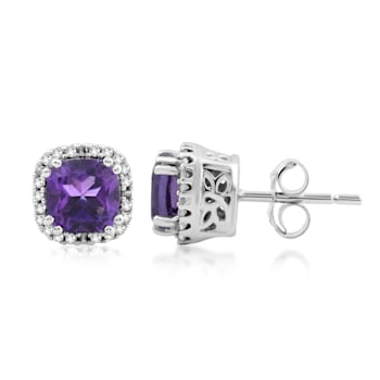 10K White Gold 5x5 MM Cushion Amethyst and 1/10 Ctw Natural White Round
Diamond Stud Earrings