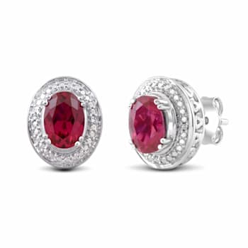 Sterling Silver 7x5 MM Oval Ruby and Natural White Round Diamond Stud Earrings