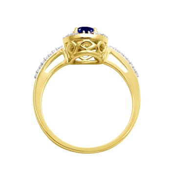 10K Yellow Gold Blue Sapphire and White Diamond Halo Ring 0.63ctw