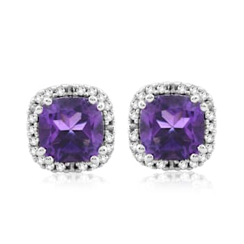 10K White Gold 5x5 MM Cushion Amethyst and 1/10 Ctw Natural White Round
Diamond Stud Earrings