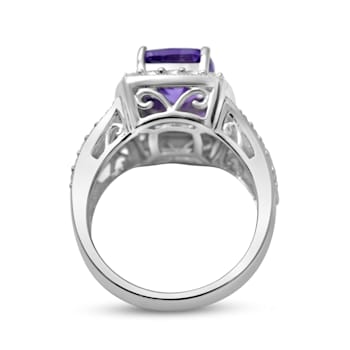 Jewelili 14K Yellow Gold Over Sterling Silver 10x8 MM Amethyst and
Created White Sapphire Halo Ring