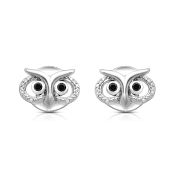 White and Black Diamond Sterling Silver Owl Stud Earrings