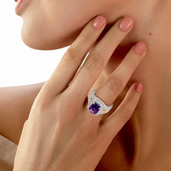 Jewelili 14K Yellow Gold Over Sterling Silver 10x8 MM Amethyst and
Created White Sapphire Halo Ring