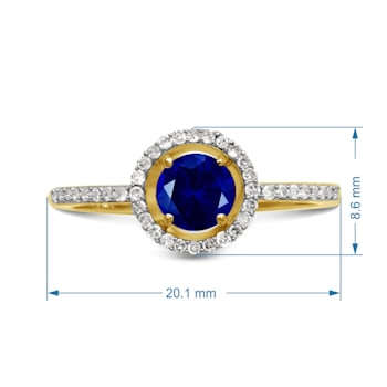 10K Yellow Gold Blue Sapphire and White Diamond Halo Ring 0.63ctw