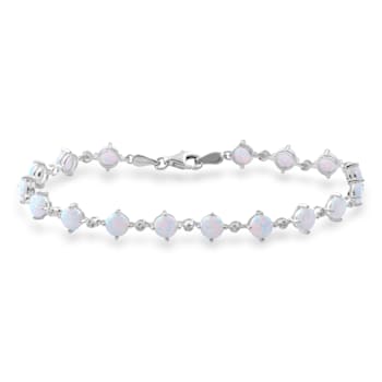 Created Opal and Natural White Diamond Sterling Silver Link  Bracelet
3.26 CTW