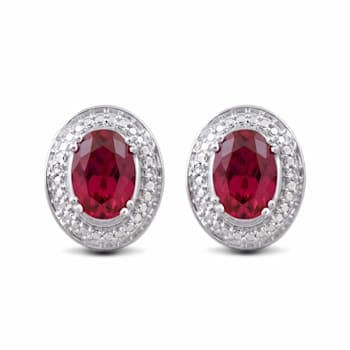 Sterling Silver 7x5 MM Oval Ruby and Natural White Round Diamond Stud Earrings