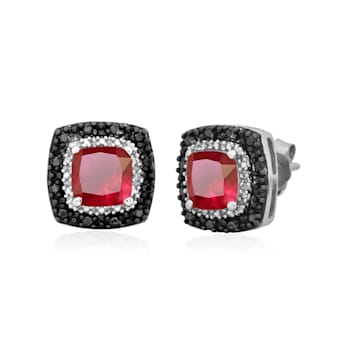 Sterling Silver 6 MM Cushion Ruby and  Treated Black and White Round
Diamond Halo Stud Earrings