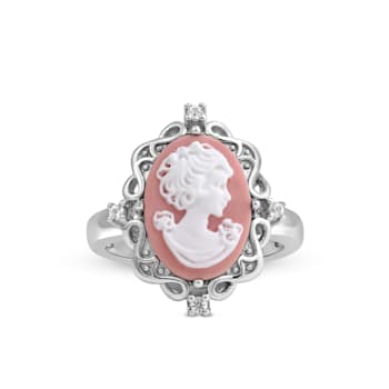 Pink Cameo and Created White Sapphire Sterling Silver Ring 3.08 CTW