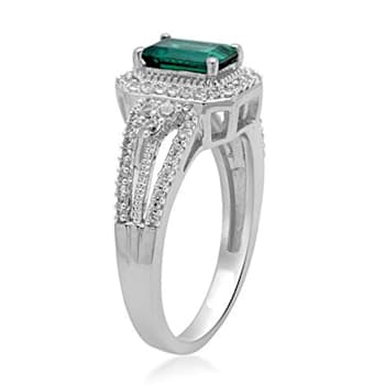 Created Emerald and Created White Sapphire Sterling Silver Ring 1.58 CTW