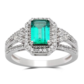 Created Emerald and Created White Sapphire Sterling Silver Ring 1.58 CTW