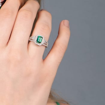 Created Emerald and Created White Sapphire Sterling Silver Ring 1.58 CTW