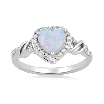Jewelili Sterling Silver 7 MM Heart Created Opal and Round Created White
Sapphire Halo Ring