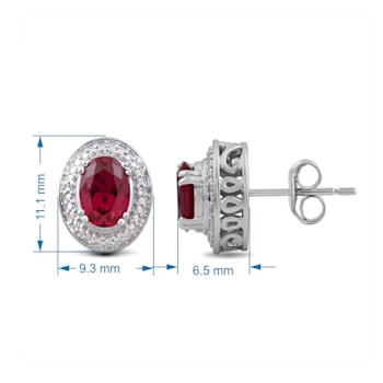 Sterling Silver 7x5 MM Oval Ruby and Natural White Round Diamond Stud Earrings