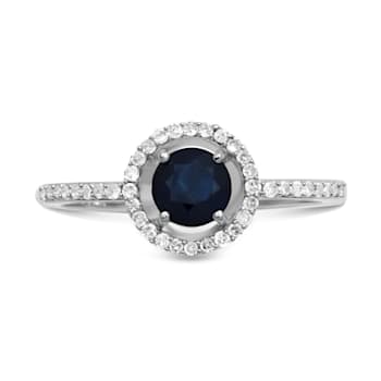 10K White Gold Blue Sapphire and White Diamond Halo Ring 0.63ctw