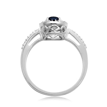 10K White Gold Blue Sapphire and White Diamond Halo Ring 0.63ctw