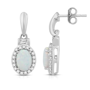 Jewelili Sterling Silver Created Opal with Created White Sapphire Dangle Earrings