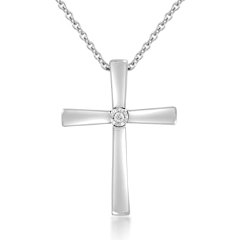 Jewelili Round White Diamond Sterling Silver Cross Pendant With Chain