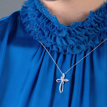 Jewelili 10K White Gold 1/5ctw White Diamond Cross Pendant with Rope Chain