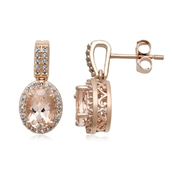 Sterling Silver Morganite and Natural White Diamond  Stud Earrings 1.71 CTW