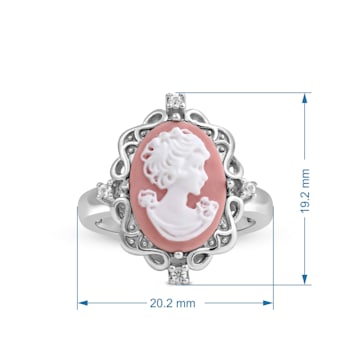 Pink Cameo and Created White Sapphire Sterling Silver Ring 3.08 CTW