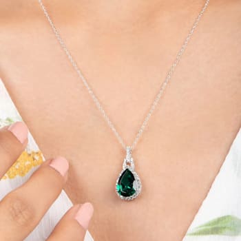 Jewelili 10K White Gold Created Emerald, Created White Sapphire and
Diamond Pendant, 18" Rope Chain