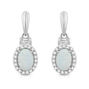 Jewelili Sterling Silver Created Opal with Created White Sapphire Dangle Earrings