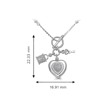 White Diamond Sterling Silver Heart, Lock and Key Charm Necklace 0.20CTW