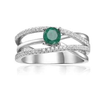 Ornate Round cut Genuine Emerald Ring with White Sapphire