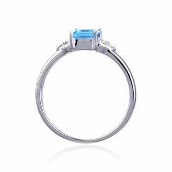 Sterling Silver Emerald Cut Blue Topaz Ring with White Topaz