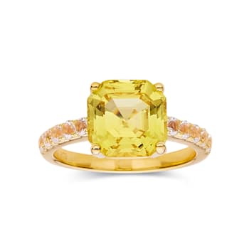 Asscher Cut Canary Yellow Lab Sapphire, Round White Topaz 18K Yellow
Gold Over Sterling Silver Ring
