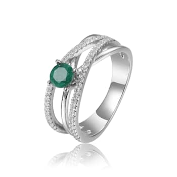 Ornate Round cut Genuine Emerald Ring with White Sapphire