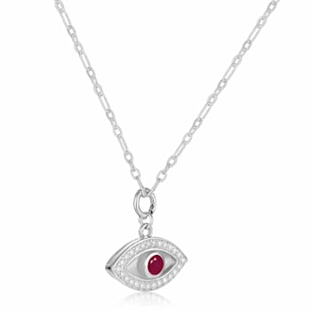 Ruby and Moissanite Rhodium Over Sterling Silver Evil Eye Necklace