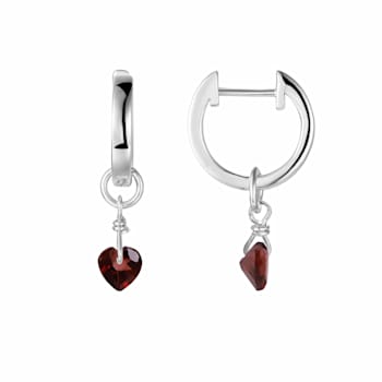 Red Garnet Rhodium Over Sterling Silver Dangling Heart Earrings