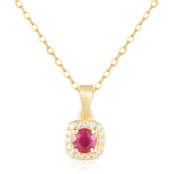 Ruby 14K Yellow Gold Over Sterling Silver Halo Style Pendant With Chain