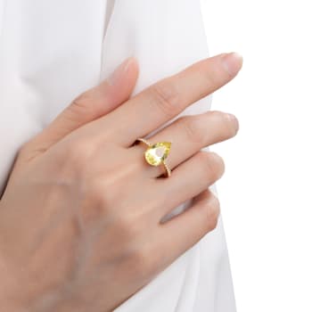 Pear Shape Canary Yellow Lab Sapphire, Round White Topaz 18K Yellow Gold
Over Sterling Silver Ring