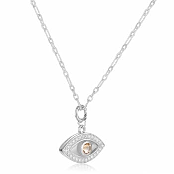Citrine and Moissanite Rhodium Over Sterling Silver Evil Eye Necklace