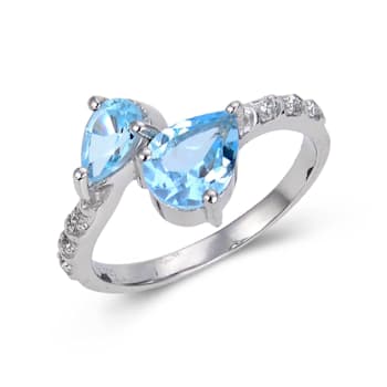 Sterling Silver Pear Shape Blue Topaz Ring with White Topaz