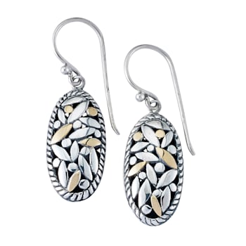 Sterling Silver And 18K Gold Leaf Design Oval Drop Earrings