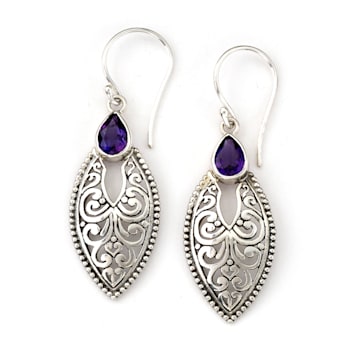 Sterling Silver Bali Design Marquise Shape Amethyst Earrings