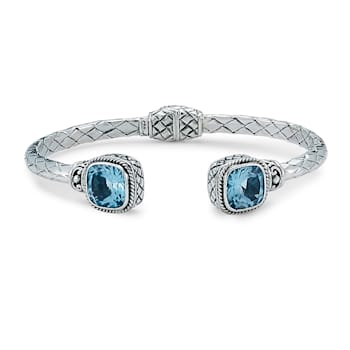 Sterling Silver Woven Design Hinged Bangle With Cushion Blue Topaz