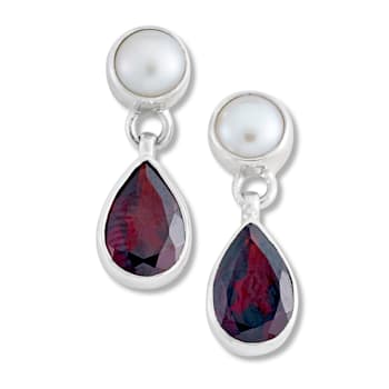 Sterling Silver Pearl And Garnet Drop Earrings