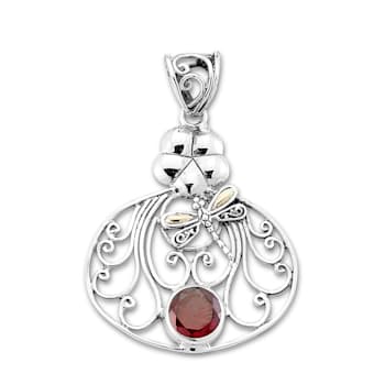 Sterling Silver And 18K Gold Red Garnet Dragonfly Pendant