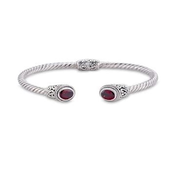 Sterling Silver 3mm 6.75" Twisted Cable Bangle with Garnet