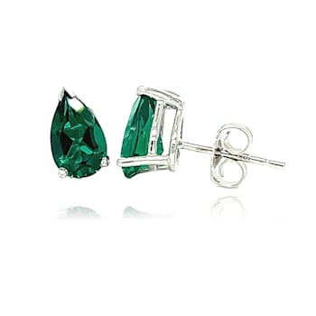 14K White Gold Synthetic Emerald Pear Shape Earrings