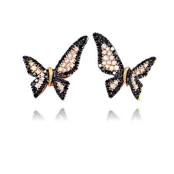 18K Yellow Gold  Black and White Diamond Butterfly Earrings