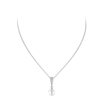 10mm White Organic Man-Made Round Pearl and CZ Pendant With Chain