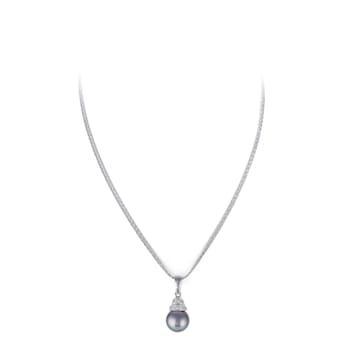 12mm Gray Organic Man-Made Round Pearl and CZ Pendant With Chain