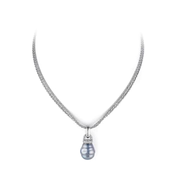 14x16mm Gray Organic Man-Made Barrel Baroque Pearl and CZ Pendant With Chain